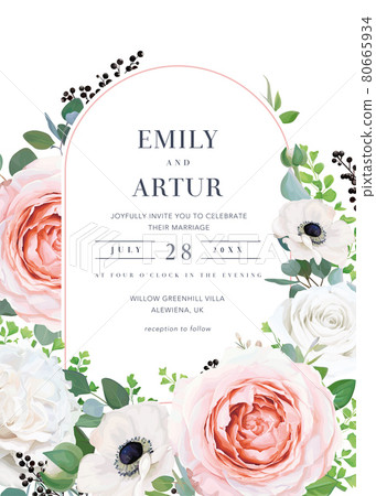 Modern elegant vector floral wedding invitation, invite, save the date card. Blush pink, peach, ivory garden roses, white anemone flowers, fern leaves, eucalyptus wreath. Vintage decorative arch frame 80665934