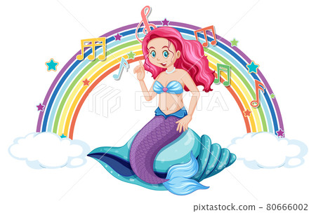 Beautiful mermaid with melody symbols on rainbow Beautiful mermaid with melody symbols on rainbow 80666002