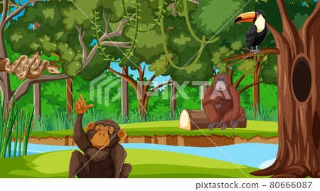 Forest scene with different wild animals 80666087