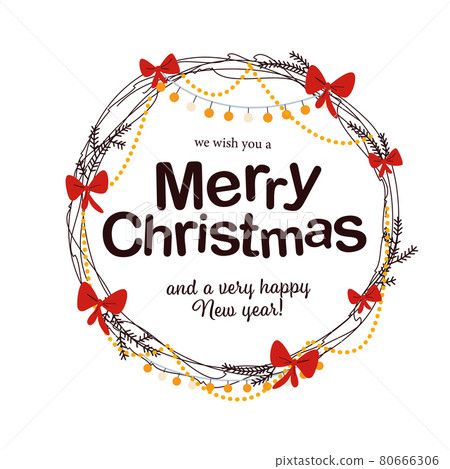 Merry Christmas and Happy New year congratulation inside xmas wreath design decorated with garlands and bows. Merry Christmas and Happy New year congratulation inside xmas wreath design decorated with garlands and bows. 80666306