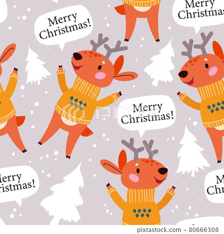 Seamless pattern with cute deer characters in sweater, Merry Christmas congratulation and white fir trees.  80666308