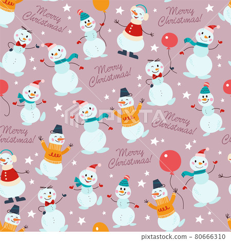 Seamless pattern with funny different snowman characters in hat, sweater, bow tie with balloon, hand writing isolated. Seamless pattern with funny different snowman characters in hat, sweater, bow tie with balloon, hand writing isolated. 80666310