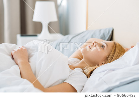 bedroom relax healthy rest awake woman bed morning bedroom relax healthy rest awake woman bed morning 80666452