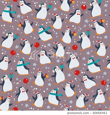 Seamless pattern with funny different penguin characters in hats with balloons isolated. Seamless pattern with funny different penguin characters in hats with balloons isolated. 80666461