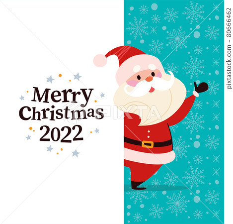 Christmas banner with cute happy winter Santa Claus character and text Merry Christmas greeting on blue snowy background. Christmas banner with cute happy winter Santa Claus character and text Merry Christmas greeting on blue snowy background. 80666462