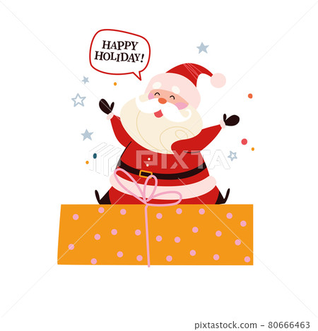 Funny cute Santa Claus character sit on big gift box celebrating happy holiday isolated. Vector flat cartoon illustration. Funny cute Santa Claus character sit on big gift box celebrating happy holiday isolated. Vector flat cartoon illustration. 80666463