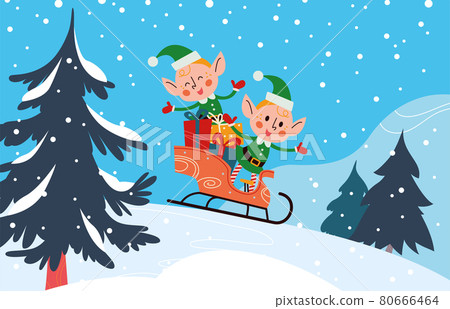 Funny little Santa elves characters with gift boxes sledding in winter forest.  80666464