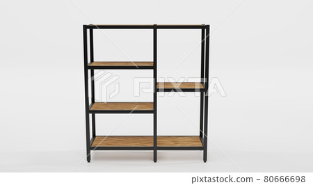 Wooden shelving with metal base, front view. Blank rack in loft style for interior office or home, modern design. Mockup shelves for storage isolated on white background. Realistic 3d illustration 80666698