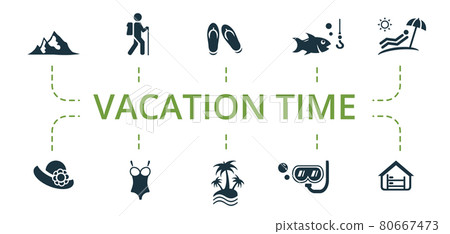 Vacation Time icon set. Contains editable icons theme such as swimsuit, palm trees, diving and more. 80667473
