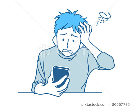 A man holding his head while looking at a smartphone screen 80667783