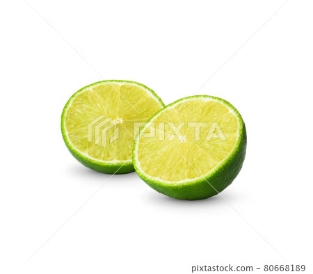 Half with slice of fresh green lime isolated on white background Half with slice of fresh green lime isolated on white background 80668189