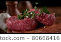 Super slowmotion footage of strewing salt and herbs at fresh raw beef meat burger, 1000fps, 4K 80668416