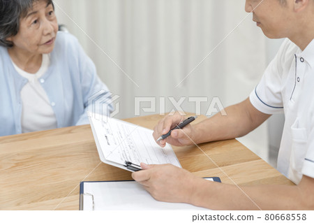 Care manager who conducts long-term care insurance certification survey, long-term care support specialist, body parts, parts cut Care manager who conducts long-term care insurance certification survey, long-term care support specialist, body parts, parts cut 80668558