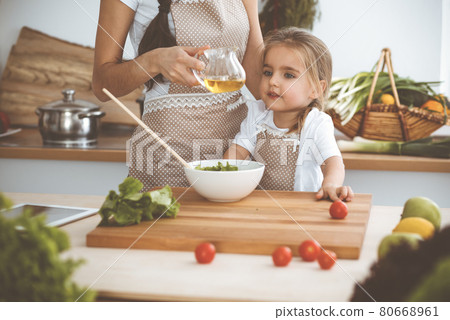 Happy woman and her daughter making healthy vegan salad and snacks for family feasting. Christmas, New year, Thanksgiving, Anniversary, Mothers Day. Healthy meal cooking concept Happy woman and her daughter making healthy vegan salad and snacks for family feasting. Christmas, New year, Thanksgiving, Anniversary, Mothers Day. Healthy meal cooking concept 80668961