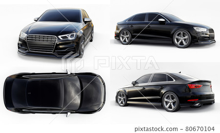 Set of Super fast sports car color black metallic on a white background. Body shape sedan. Tuning is a version of an ordinary family car. 3d rendering. Set of Super fast sports car color black metallic on a white background. Body shape sedan. Tuning is a version of an ordinary family car. 3d rendering. 80670104