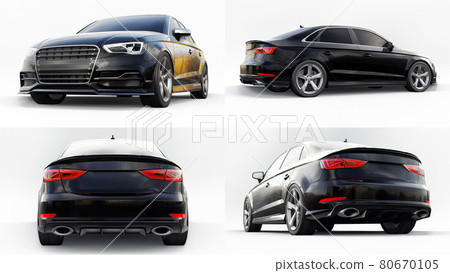 Set of Super fast sports car color black metallic on a white background. Body shape sedan. Tuning is a version of an ordinary family car. 3d rendering. Set of Super fast sports car color black metallic on a white background. Body shape sedan. Tuning is a version of an ordinary family car. 3d rendering. 80670105