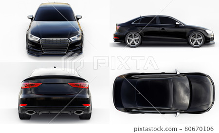 Set of Super fast sports car color black metallic on a white background. Body shape sedan. Tuning is a version of an ordinary family car. 3d rendering. Set of Super fast sports car color black metallic on a white background. Body shape sedan. Tuning is a version of an ordinary family car. 3d rendering. 80670106
