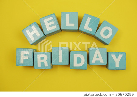 Hello Friday alphabet letters on yellow background 80670299