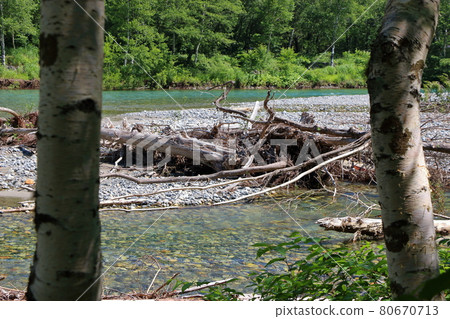 The  Azusa River in Kamikochi, a highland valley inside the Chubu-Sangaku National Park in the Hida Mountains range of the northern Japanese Alps in Nagano Prefecture, Japan. 80670713