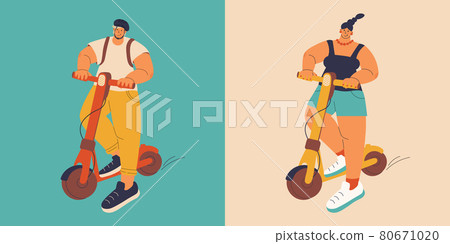 Set of vector illustrations of people on electric scooters. Man and woman on kick scooters. Flat personas trendy for design. 80671020