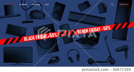 Black Friday sale advertiving banner on promo landing page with 3d illustration of different home and smart electronic devices, black gradient stylized objects with red ribbon Black Friday sale advertiving banner on promo landing page with 3d illustration of different home and smart electronic devices, black gradient stylized objects with red ribbon 80671389