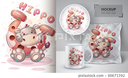 Hippo with horseshoe - cute cartoon animal character. Hippo with horseshoe - cute cartoon animal character. 80671392