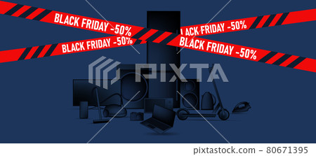 Black Friday sale advertiving banner with 3d illustration of different home and smart electronic devices, black gradient stylized objects with red ribbon Black Friday sale advertiving banner with 3d illustration of different home and smart electronic devices, black gradient stylized objects with red ribbon 80671395