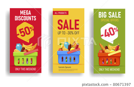 Set of flyer or banner templates for super market with basket full of food and drinks, fruits and vegetables Set of flyer or banner templates for super market with basket full of food and drinks, fruits and vegetables 80671397