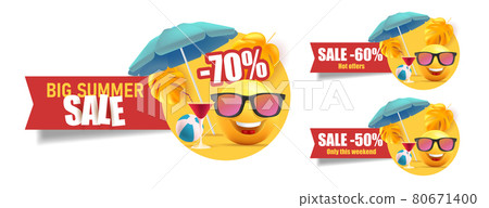 Set of summer sale web labels with yellow smiling faces under umbrella with cocktails on the beach, red ribbon with discounts and promo Set of summer sale web labels with yellow smiling faces under umbrella with cocktails on the beach, red ribbon with discounts and promo 80671400