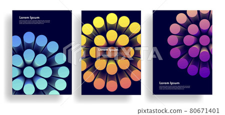 Set of banners or posters with 3d abstract illustration, big cone shapes forming round object, bright shapes on dark backdrop 80671401