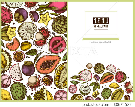 Menu cover design with colored papaya, guava, passion fruit, starfruit, durian, rambutan, pitaya Menu cover design with colored papaya, guava, passion fruit, starfruit, durian, rambutan, pitaya 80671585