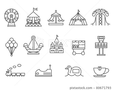 Amusement park playground equipment illustration icon set Ferris wheel roller coaster thrill ride merry-go-round etc. Amusement park playground equipment illustration icon set Ferris wheel roller coaster thrill ride merry-go-round etc. 80671793