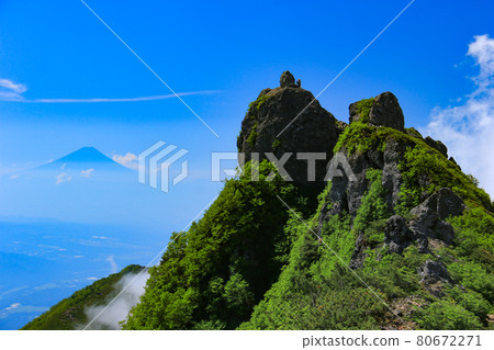 Minami Yatsugatake Gongendake summit and Mt. Fuji distant view Minami Yatsugatake Gongendake summit and Mt. Fuji distant view 80672271