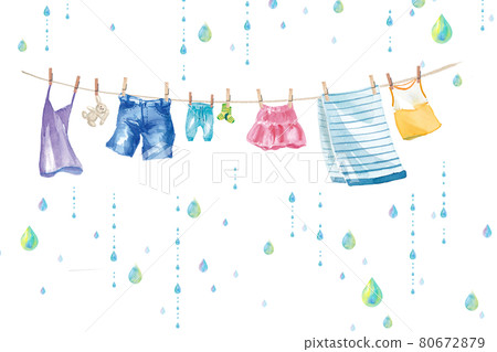 Watercolor illustration of laundry clipped on a rainy day (skirts, towels, socks, pants, denim, children's clothing, etc.) 80672879