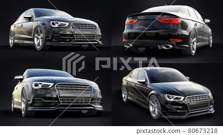 3d illustration. Super fast sports car on a black background. Body shape sedan. Tuning is a version of an ordinary family car. 3d rendering. 80673218