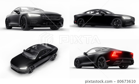 3d illustration. Set Concept car sports premium coupe. Plug-in hybrid. Technologies of eco-friendly transport. Car on white background. 3d rendering. 3d illustration. Set Concept car sports premium coupe. Plug-in hybrid. Technologies of eco-friendly transport. Car on white background. 3d rendering. 80673610