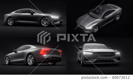 3d illustration. Concept car sports premium coupe. Plug-in hybrid. Technologies of eco-friendly transport. Black car on Black background. 3d rendering. 80673612