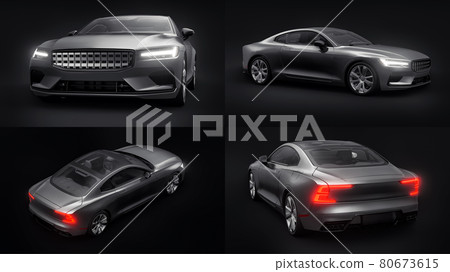 3d illustration. Concept car sports premium coupe. Plug-in hybrid. Technologies of eco-friendly transport. Black car on Black background. 3d rendering. 3d illustration. Concept car sports premium coupe. Plug-in hybrid. Technologies of eco-friendly transport. Black car on Black background. 3d rendering. 80673615