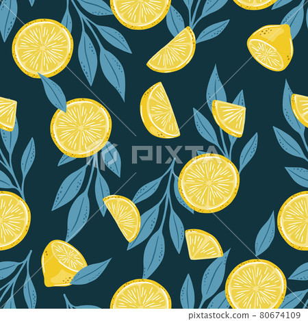 Seamless summer pattern with lemons and leaves. - Stock Illustration ...