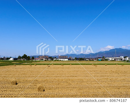 Autumn (October), a small roll of rice straw in a rice field after harvesting Matsumoto City, Nagano Prefecture 80674187