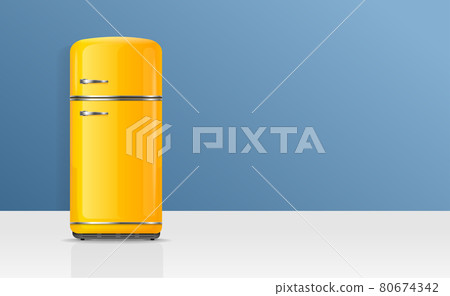 Realistic Detailed 3d Vintage Yellow Fridge Card Poster Banner. Vector 80674342