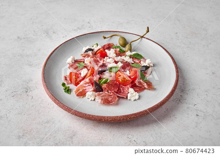 Prosciutto coppa di parma ham slices with ricotta cheese, tomato, capers Prosciutto coppa di parma ham slices with ricotta cheese, tomato, capers 80674423