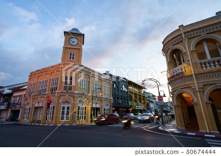 Phuket old town with Building Sino Portuguese architecture at Phuket Old Town area Phuket, Thailand. 80674444