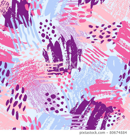 Vector colorful seamless pattern with brush strokes and dots. Pink blue violet color on light background. Hand painted grange texture. Ink geometric elements. Fashion modern style. Unusual Vector colorful seamless pattern with brush strokes and dots. Pink blue violet color on light background. Hand painted grange texture. Ink geometric elements. Fashion modern style. Unusual 80674884