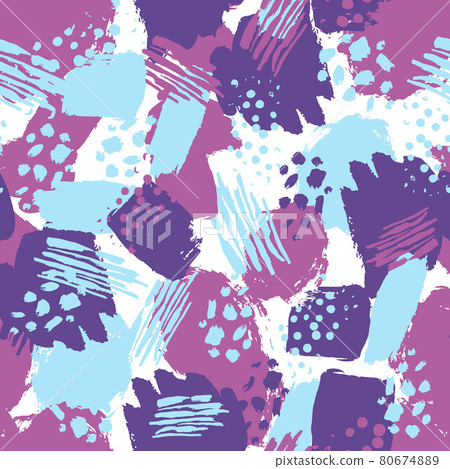 Vector colorful seamless pattern with brush strokes and dots. blue violet color on white background. Hand painted grange texture. Ink geometric elements. Fashion modern style. Unusual Vector colorful seamless pattern with brush strokes and dots. blue violet color on white background. Hand painted grange texture. Ink geometric elements. Fashion modern style. Unusual 80674889