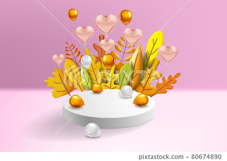 Autumn leaves 3D yellow, red, brown, orange colors. Fall bouquet, pedestal, stage, podium, foil balloons gold, white. Minimal 3d render plasticine, vector illustration banner, poster Autumn leaves 3D yellow, red, brown, orange colors. Fall bouquet, pedestal, stage, podium, foil balloons gold, white. Minimal 3d render plasticine, vector illustration banner, poster 80674890