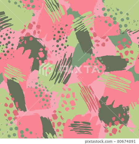 Vector colorful seamless pattern with brush strokes and dots. Pink green color on pinky background. Hand painted grange texture. Ink geometric elements. Fashion modern style. Unusual Vector colorful seamless pattern with brush strokes and dots. Pink green color on pinky background. Hand painted grange texture. Ink geometric elements. Fashion modern style. Unusual 80674891