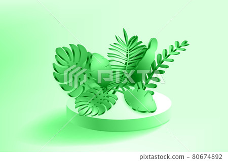 3D Tropical leaves scene podium, botanical background. Render vector foliage pedestal, stage illustration template 3D Tropical leaves scene podium, botanical background. Render vector foliage pedestal, stage illustration template 80674892