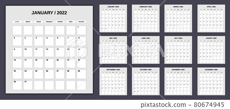 Calendar Planner for 2022, set 12 month. Monthly template for diary business. Week Starts Sunday, vector Calendar Planner for 2022, set 12 month. Monthly template for diary business. Week Starts Sunday, vector 80674945