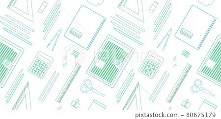 Back to school pattern. Online digital education, school supplies, course concept seamless background design,  line art style with digital tablet, calculator, classroom 80675179